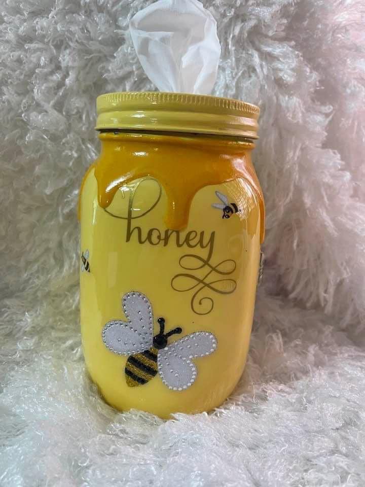 Hand-Painted Bee Mason Jar Tissue Holder – Honey Drip Design, Customizable Gift, Glossy Finish