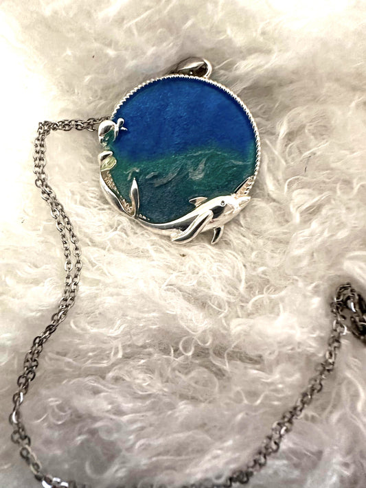 Add a Splash of Ocean Elegance with This Silver Tone & Epoxy Dolphin Necklace