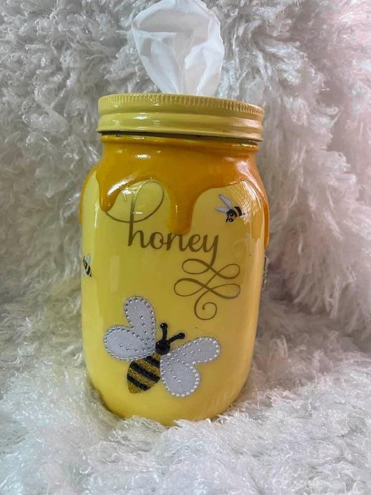 Hand-Painted Bee Mason Jar Tissue Holder – Honey Drip Design, Customizable Gift, Glossy Finish