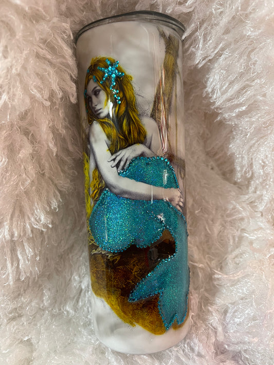 Handcrafted Mermaid Stainless Steel Tumbler – 20oz Insulated Cup with Glass Gems & Resin Overlay