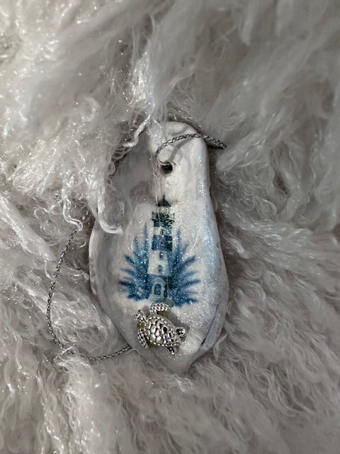 Hand Decorated Oyster Shell Ornament – Blue Lighthouse & Silver Turtle